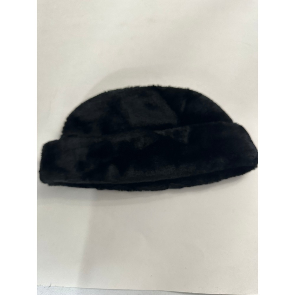 Vintage Black Faux Fur Pillbox Hat Mens XL Quilted Lining Winter Cap
